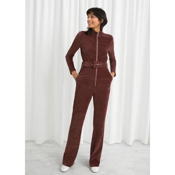 & Other Stories Brown Corduroy Belted Jumpsuit Sz 2